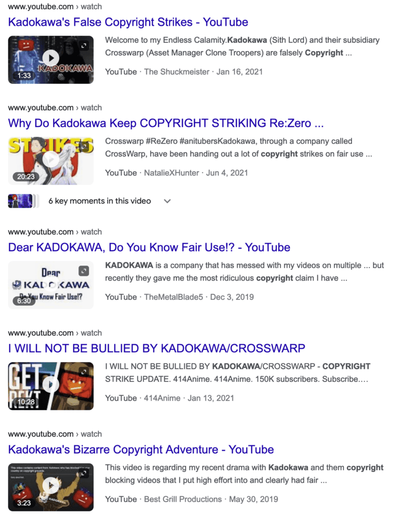 an image of youtube search results accusing kadokawa of unfairly targeting them with DMCA requests