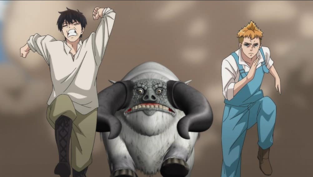 main characters of kamikatsu running from a strange beast